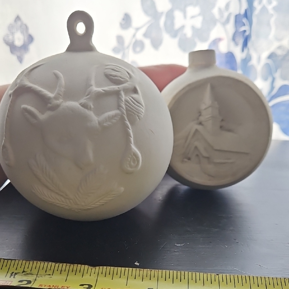 White Ceramic Ornaments with Deer and Church Design